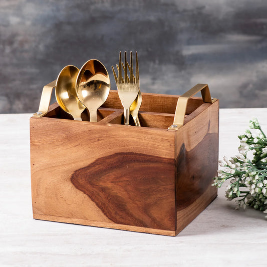 Teak Wood Cutlery Holder - Gold Handle
