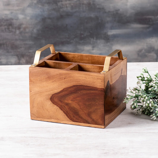Teak Wood Cutlery Holder - Gold Handle