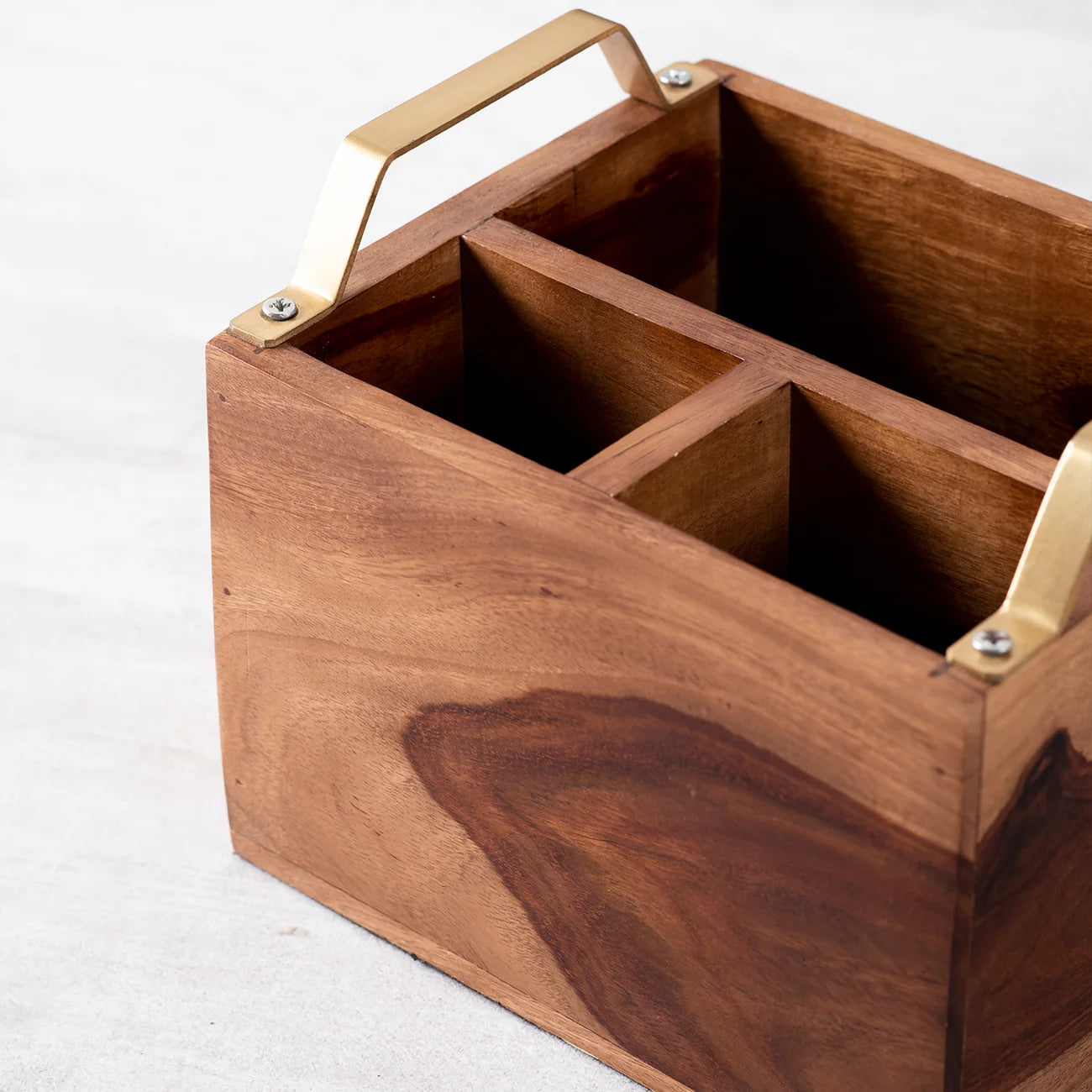 Teak Wood Cutlery Holder - Gold Handle
