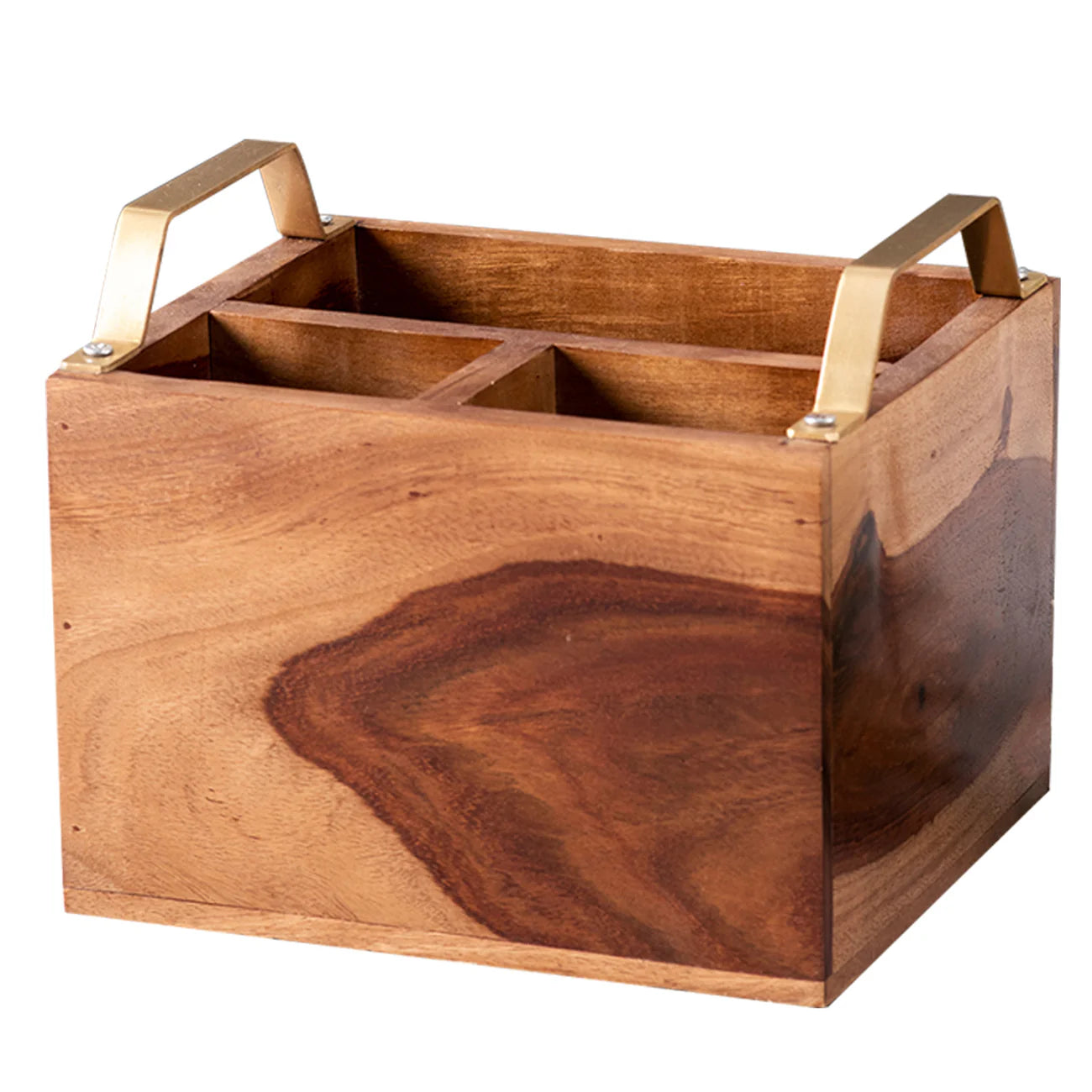 Teak Wood Cutlery Holder - Gold Handle