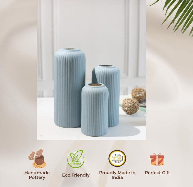 Modern Ceramic Flower Vase for Living Room - Set of 3 (Blue)