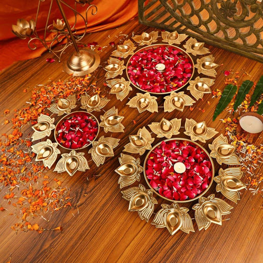 Decorative Golden Lotus Urli - Flowers, Tea Light Candles & Diya Pots