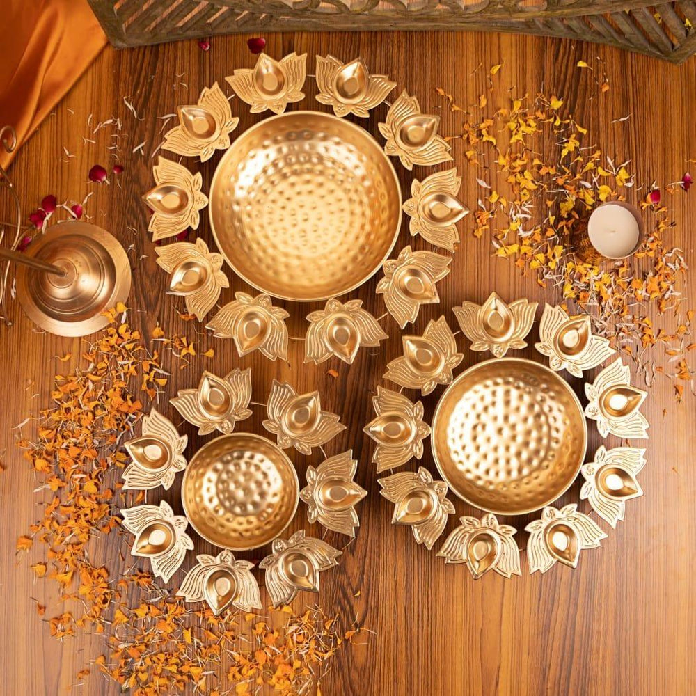 Decorative Golden Lotus Urli - Flowers, Tea Light Candles & Diya Pots