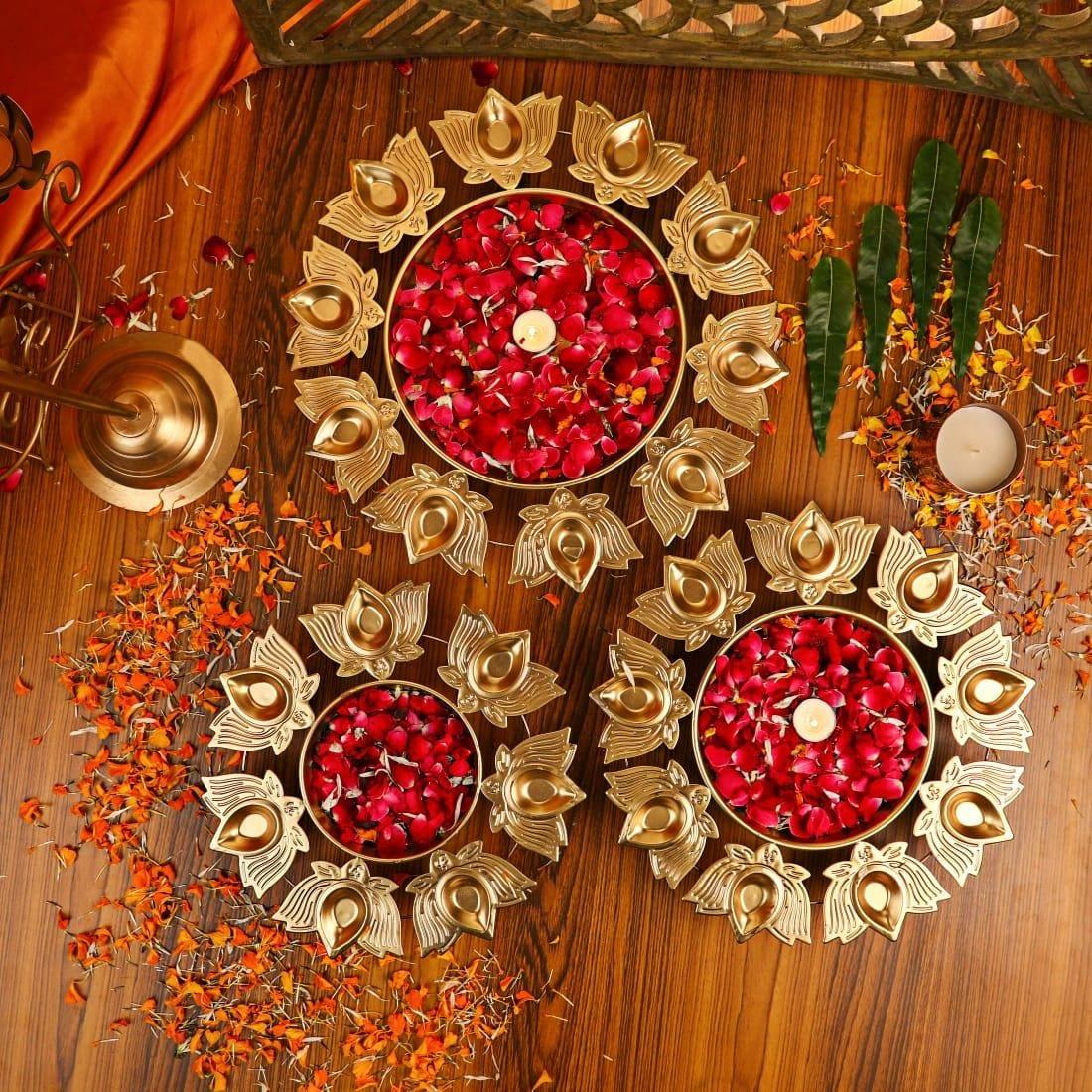 Decorative Golden Lotus Urli - Flowers, Tea Light Candles & Diya Pots