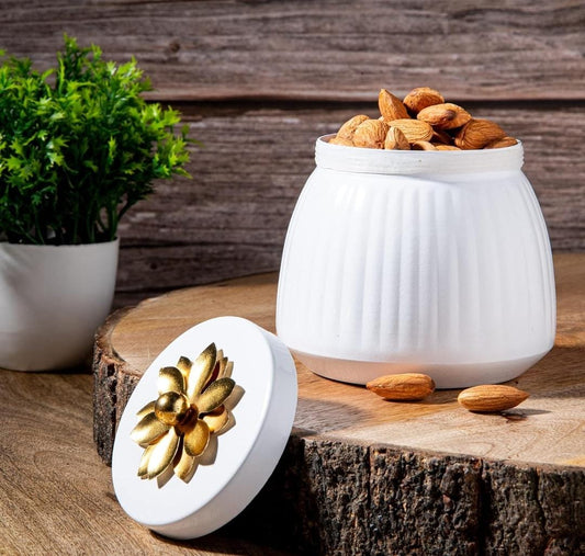 White Metal Dry Fruit Jar With Gold Lid
