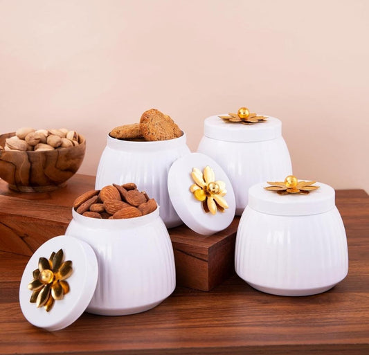 White Metal Dry Fruit Jar With Gold Lid
