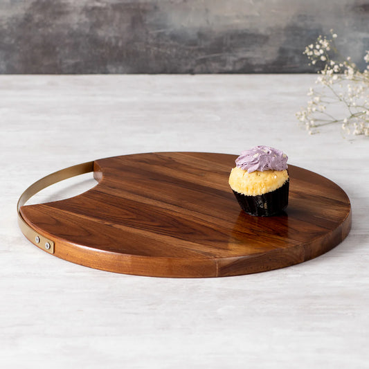 Inseparables Teak Wood Serving Platter Gold Handle