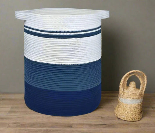 White, Blue Cotton Laundry Basket & Storage Organiser with Handles - Medium, Large