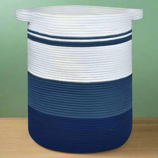 White, Blue Cotton Laundry Basket & Storage Organiser with Handles - Medium, Large