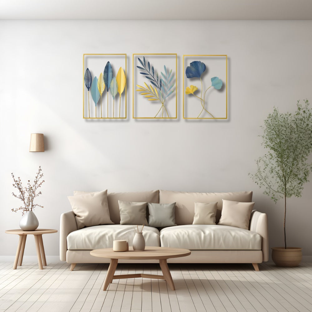 Gold Frames & Sapphire Tones: 3-Piece Leaf Art