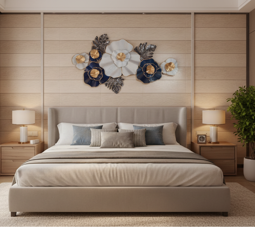 Luxe Bloom: Navy & Gold Modern Metal Floral Wall Art