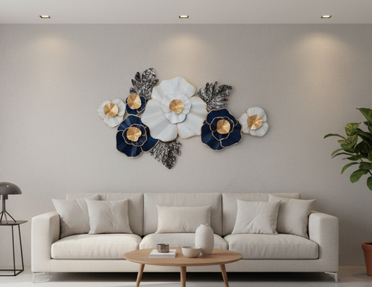 Luxe Bloom: Navy & Gold Modern Metal Floral Wall Art