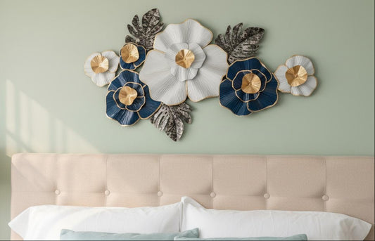 Luxe Bloom: Navy & Gold Modern Metal Floral Wall Art
