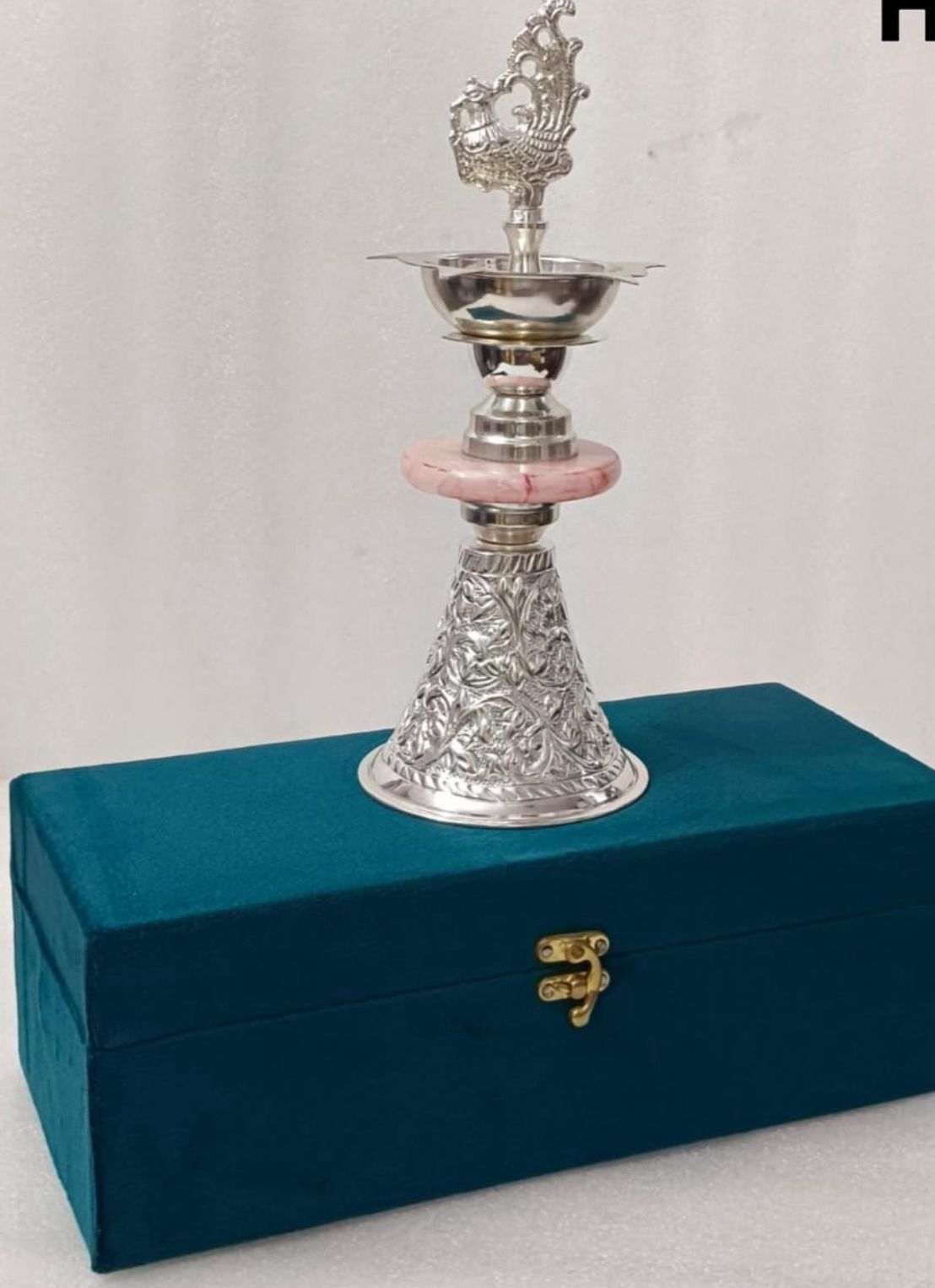 VIRENZA Handcrafted Silver Plated Peacock Design Diya Oil Lamp with Velvet Box