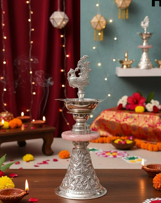 VIRENZA Handcrafted Silver Plated Peacock Design Diya Oil Lamp with Velvet Box