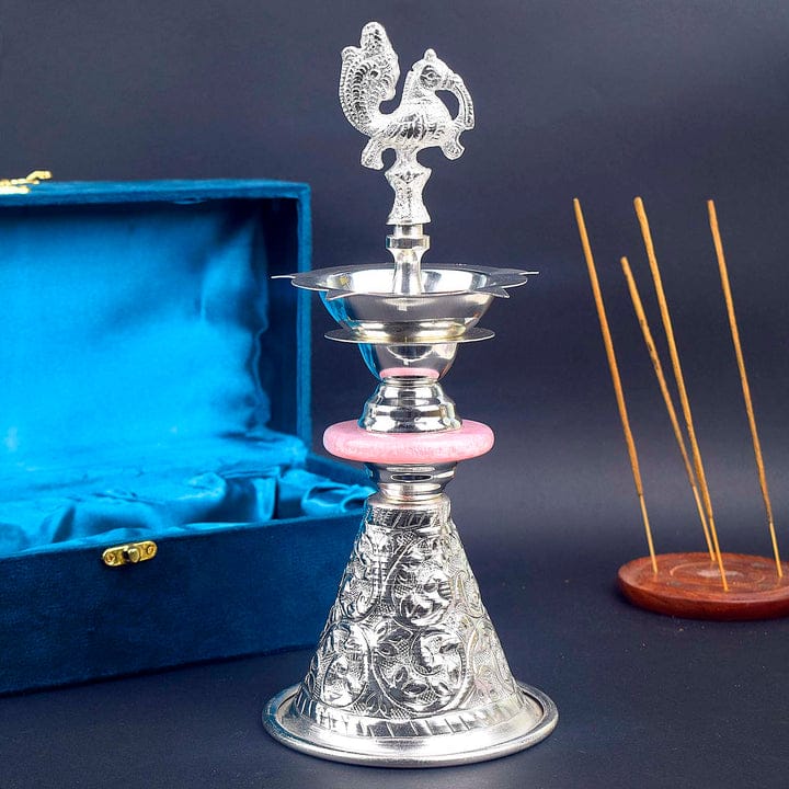 VIRENZA Handcrafted Silver Plated Peacock Design Diya Oil Lamp with Velvet Box