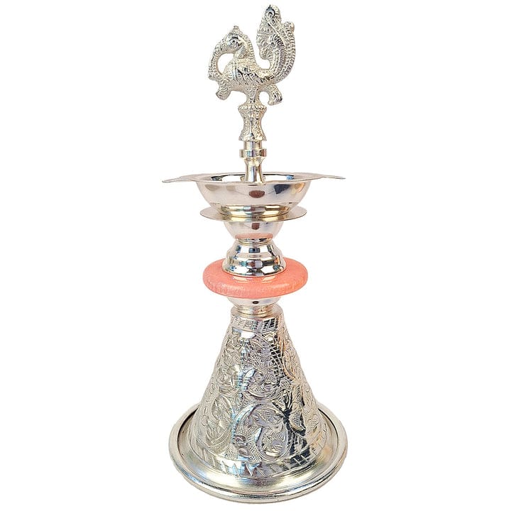 VIRENZA Handcrafted Silver Plated Peacock Design Diya Oil Lamp with Velvet Box