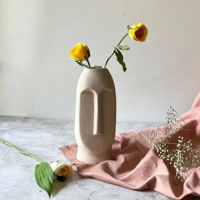Abstract Faces Vase - 10 inch White and Black