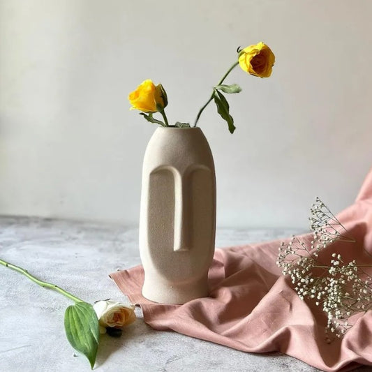 Abstract Faces Vase - 10 inch White and Black