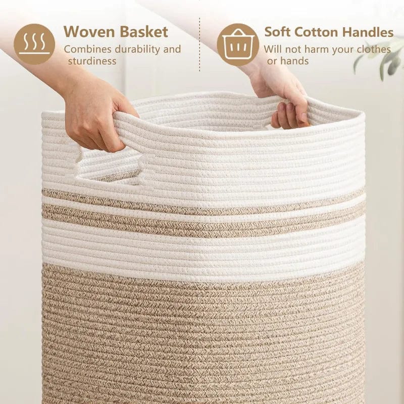 Beige & White Foldable Cotton Storage bin- 22 inch x 17 inch x 13 inch; 75L
