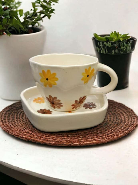 Yellow & Red Flowers Mug & Saucer Set - 250 ML