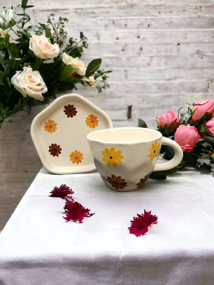 Yellow & Red Flowers Mug & Saucer Set - 250 ML