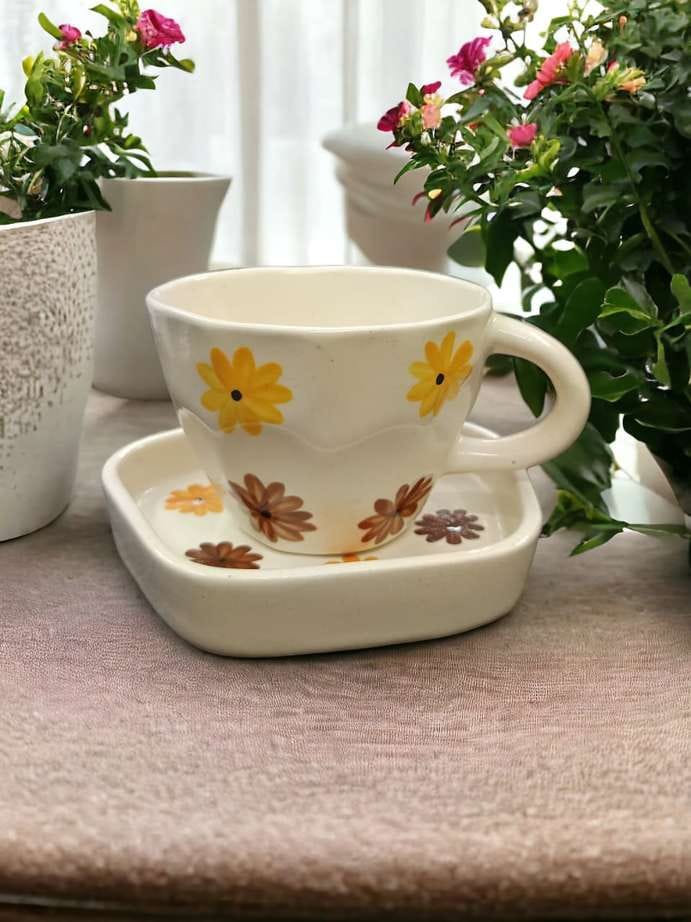 Yellow & Red Flowers Mug & Saucer Set - 250 ML