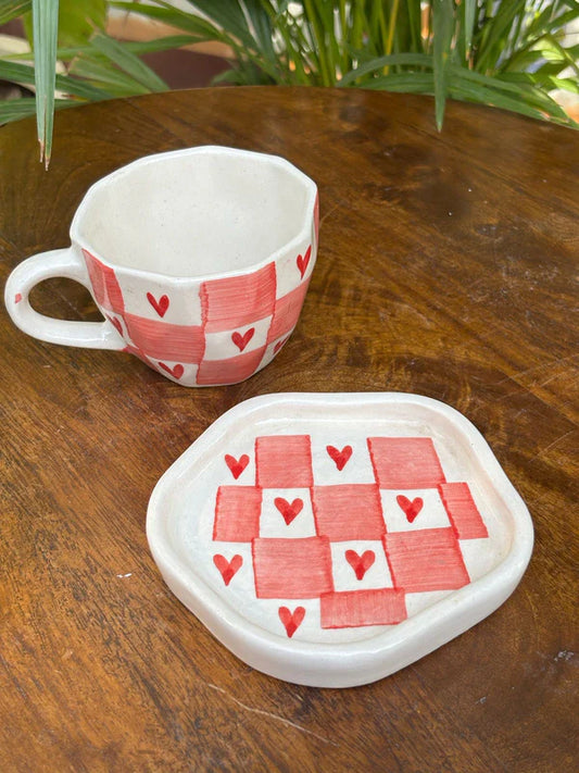 Checkered Red Heart Coffee Mug & Snack Plate Combo - 250 ml