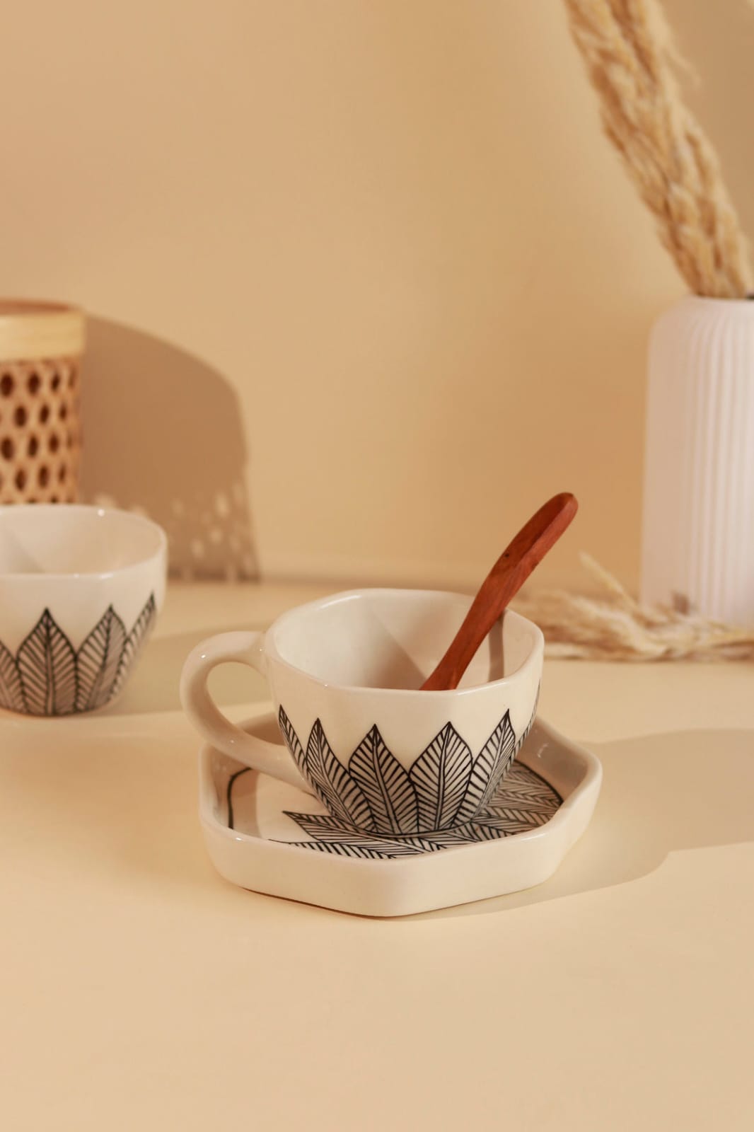 Tranquil Leaves Design Cup & Saucer - 240 ml