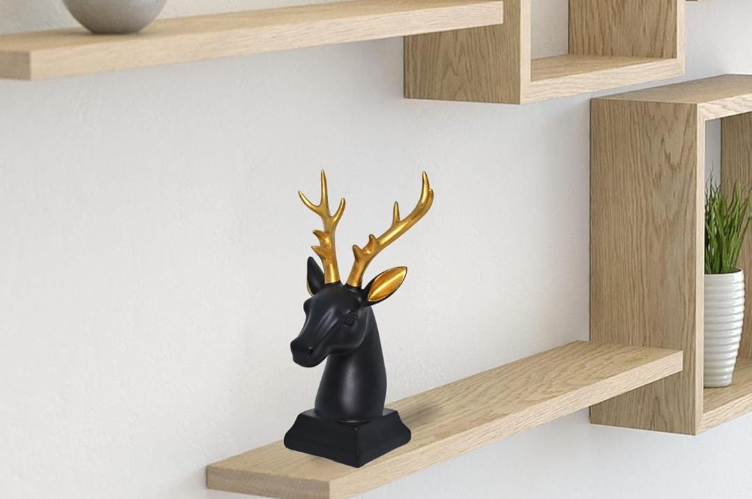 Cyan Deer Head with Golden Antlers Resin Statue