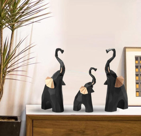 Elephants Statue Geometric black for Home Decor-Set of 3