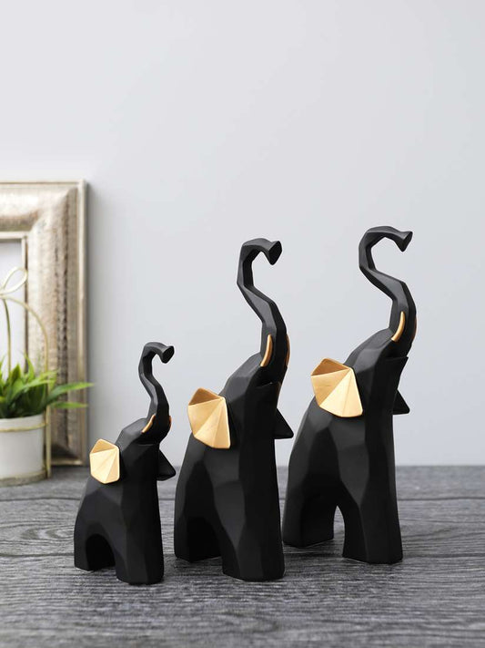 Elephants Statue Geometric black for Home Decor-Set of 3