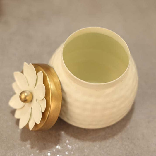 White Metal Jar With Gold Lid of Floral design