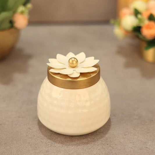 White Metal Jar With Gold Lid of Floral design