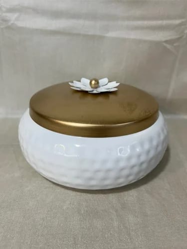 White Round Metal Jar With Gold Lid