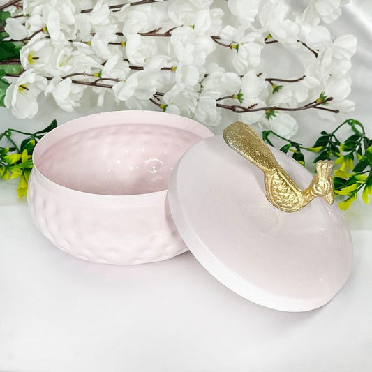Elegant Baby Pink Jar with Ornate Gold Peacock Lid