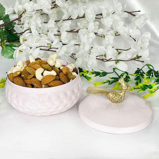 Elegant Baby Pink Jar with Ornate Gold Peacock Lid
