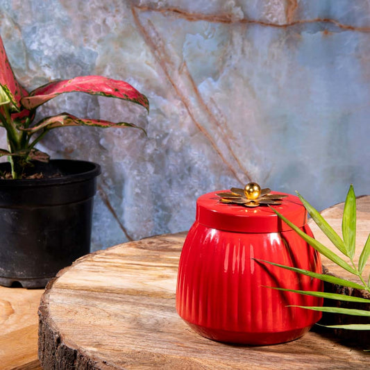 Red Metal Jar With Gold Lid of Floral design