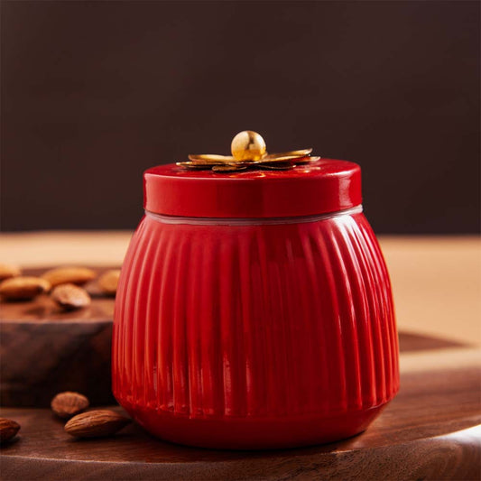 Red Metal Jar With Gold Lid of Floral design