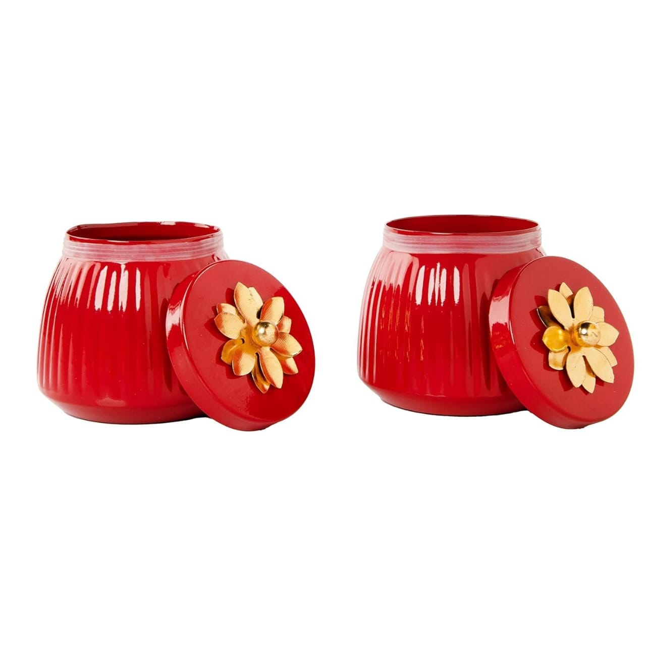 Red Metal Jar With Gold Lid of Floral design