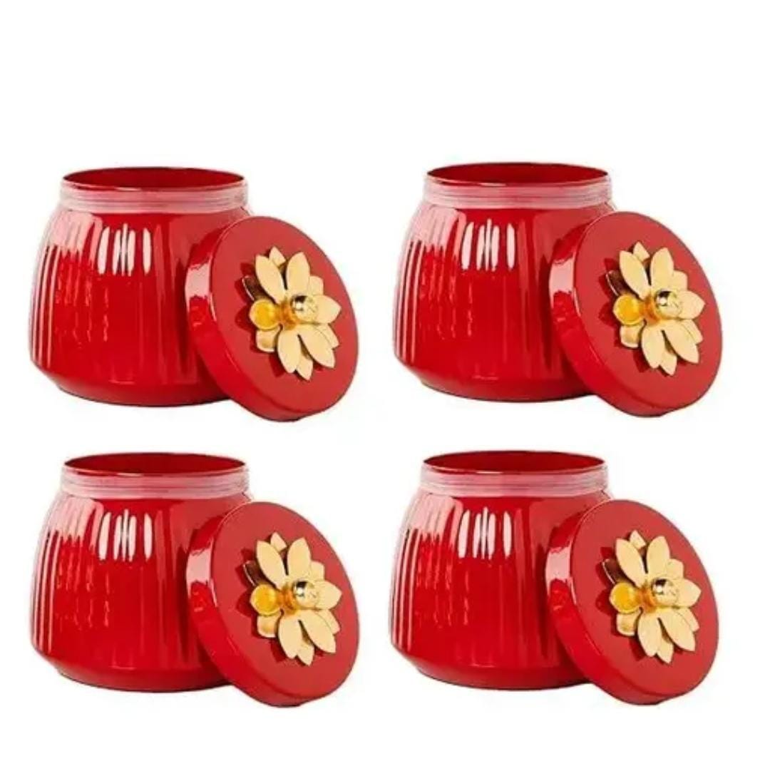 Red Metal Jar With Gold Lid of Floral design