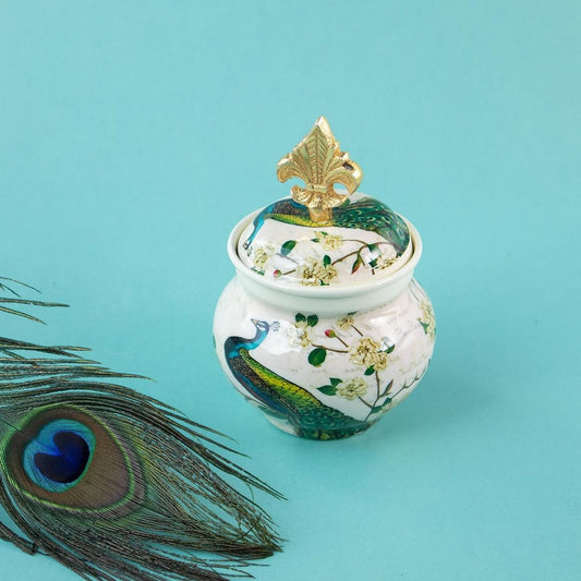 Handcrafted Enamel-Coated Metal Peacock Jar