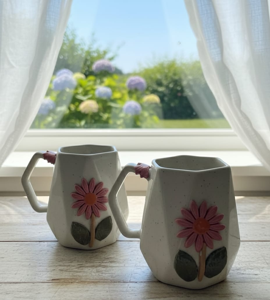 Geometric Ceramic Mug with 3D Flower Appliqué