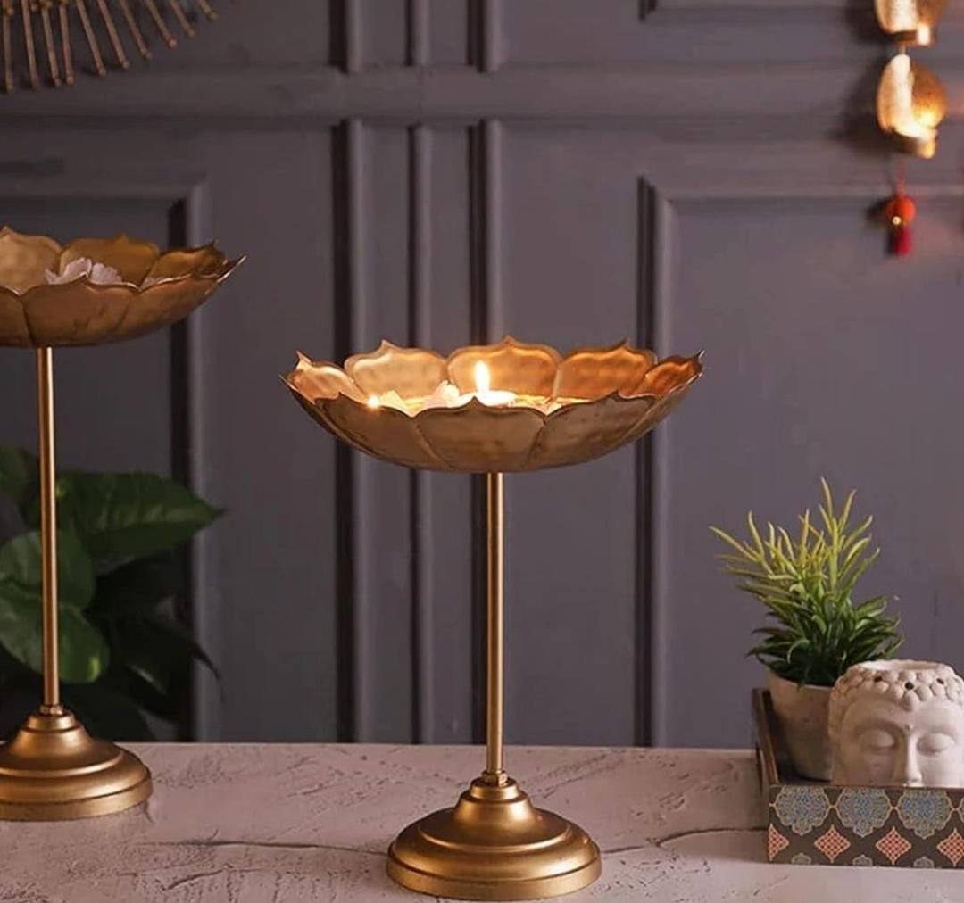 Gold Metal Urli Bowl Tealight Candle Holder Stand