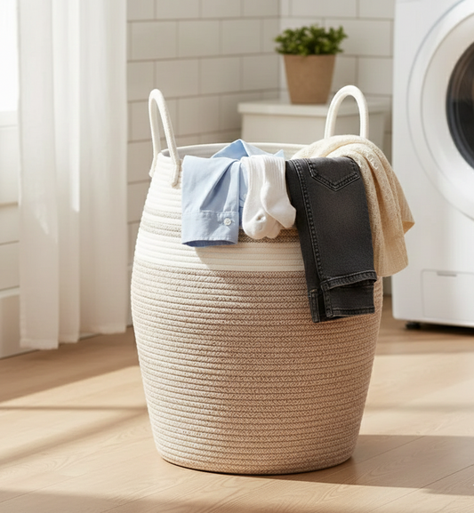 White & Beige Sleek Laundry Storage Basket with Handles - Medium, Large