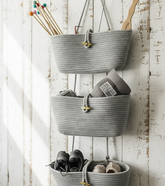 3 Wall Hanging Cotton Baskets - Gray - Customizable