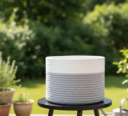 White & Grey Cotton Storage Basket / Planter - Multiple Sizes - Customizable