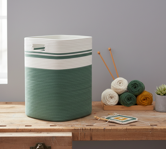 White & Green Cotton Stripes Laundry Basket - 18 x 15 x 11 inch