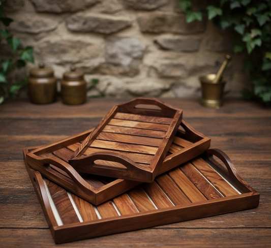 Handcrafted Wooden Sheesham Wood Trays - Set of 3 - Small, Medium, Large