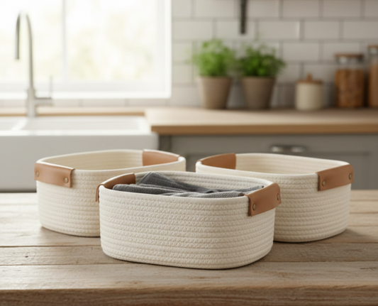 White Cotton Shelf Basket with Leather Handles - Multiple Sizes